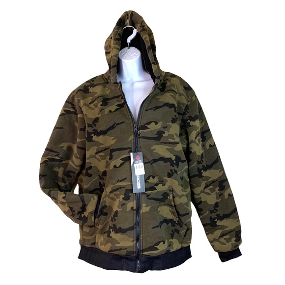 Swiss Cross Men's Jacket Camo Faux Shearling Lined Olive Green Hooded - Picture 12 of 12